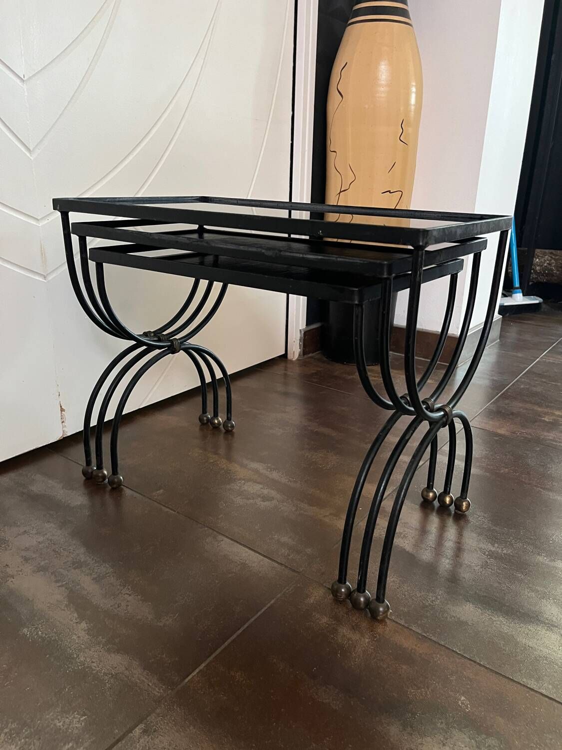 3 nesting tables 1950 Jean Royère wrought iron black opaline vintage