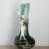 Vase Art Nouveau en céramique émaillée – Femme et chien - Vers 1900