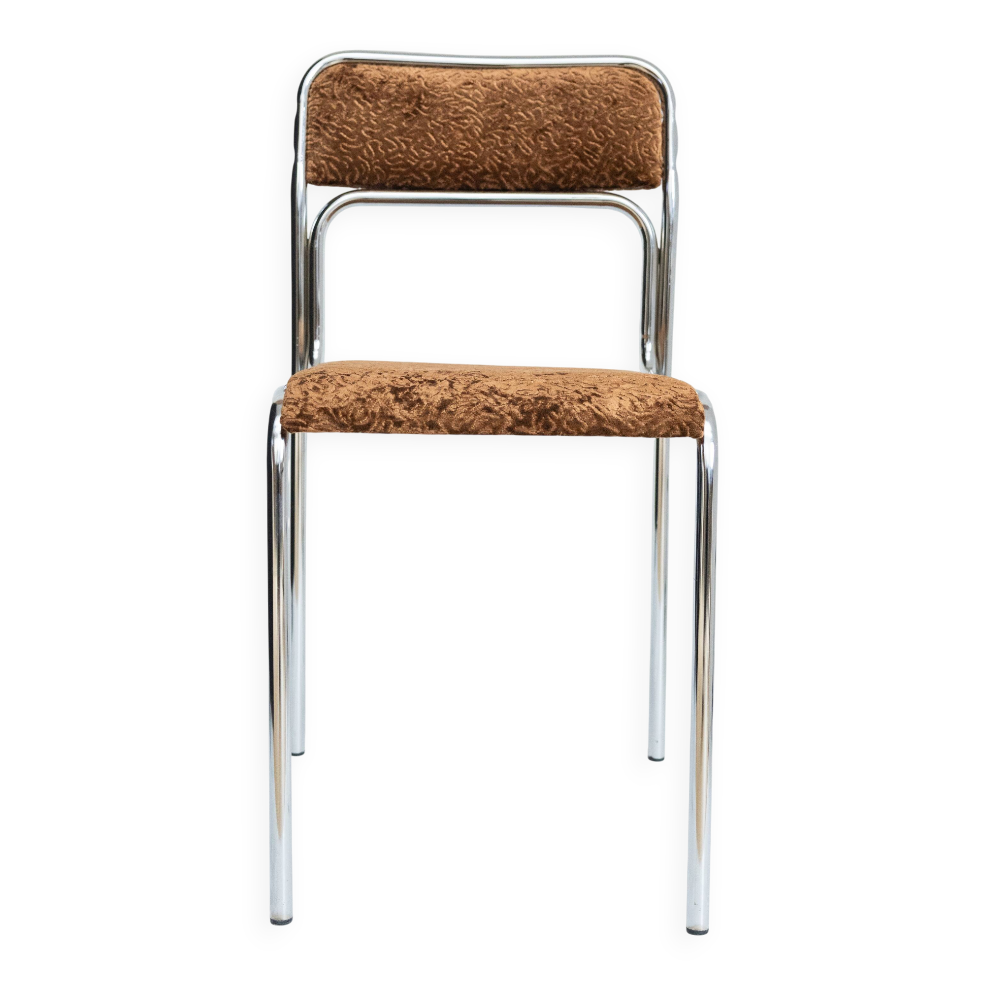 Chrome dining chair upholstered in brown bitten velvet.