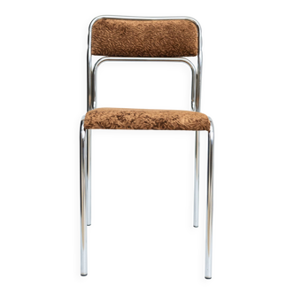 Chrome dining chair upholstered in brown bitten velvet.