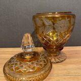Very beautiful covered pot, crystal urn with cut and tinted decoration, bohemian twentieth