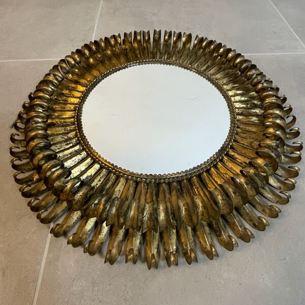 Miroir soleil rond double feuilles en fer forgé italien 50’s