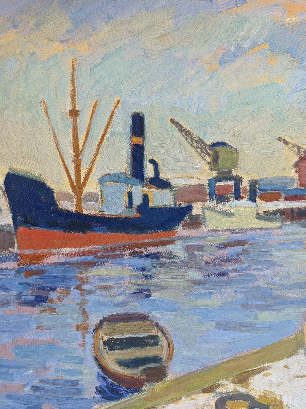 Mid Century Swedish Harbour Boat Oil Painting - 'Sunset Harbour'