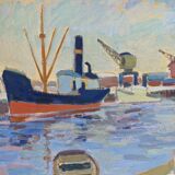 Mid Century Swedish Harbour Boat Oil Painting - 'Sunset Harbour'