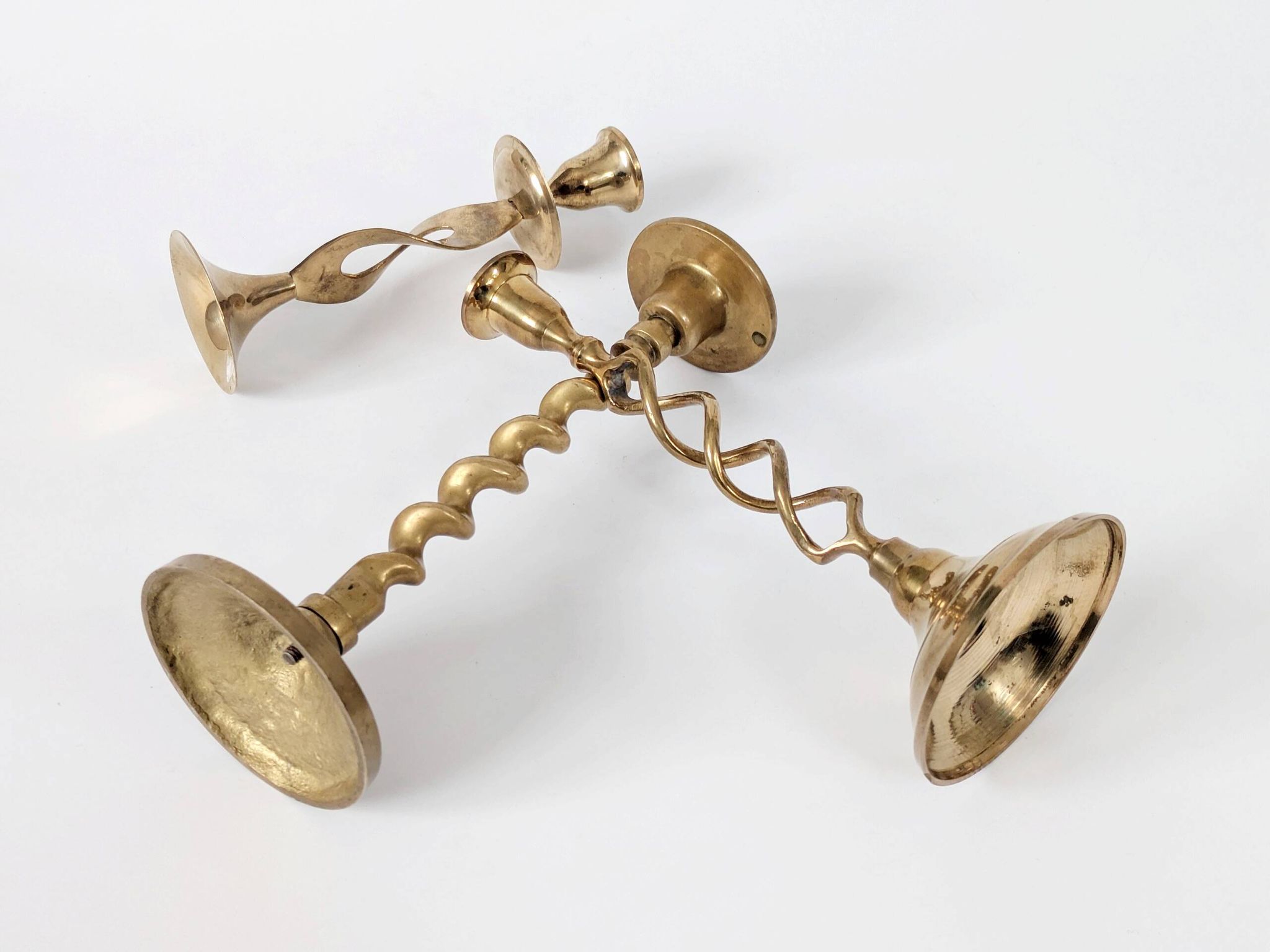 Set of 3 Vintage Twisted Brass Candle Holders, Midcentury