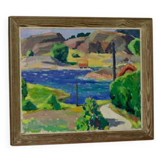Original Swedish Mid-Century Oil On Board Painting" Lake " by Åke Brovik