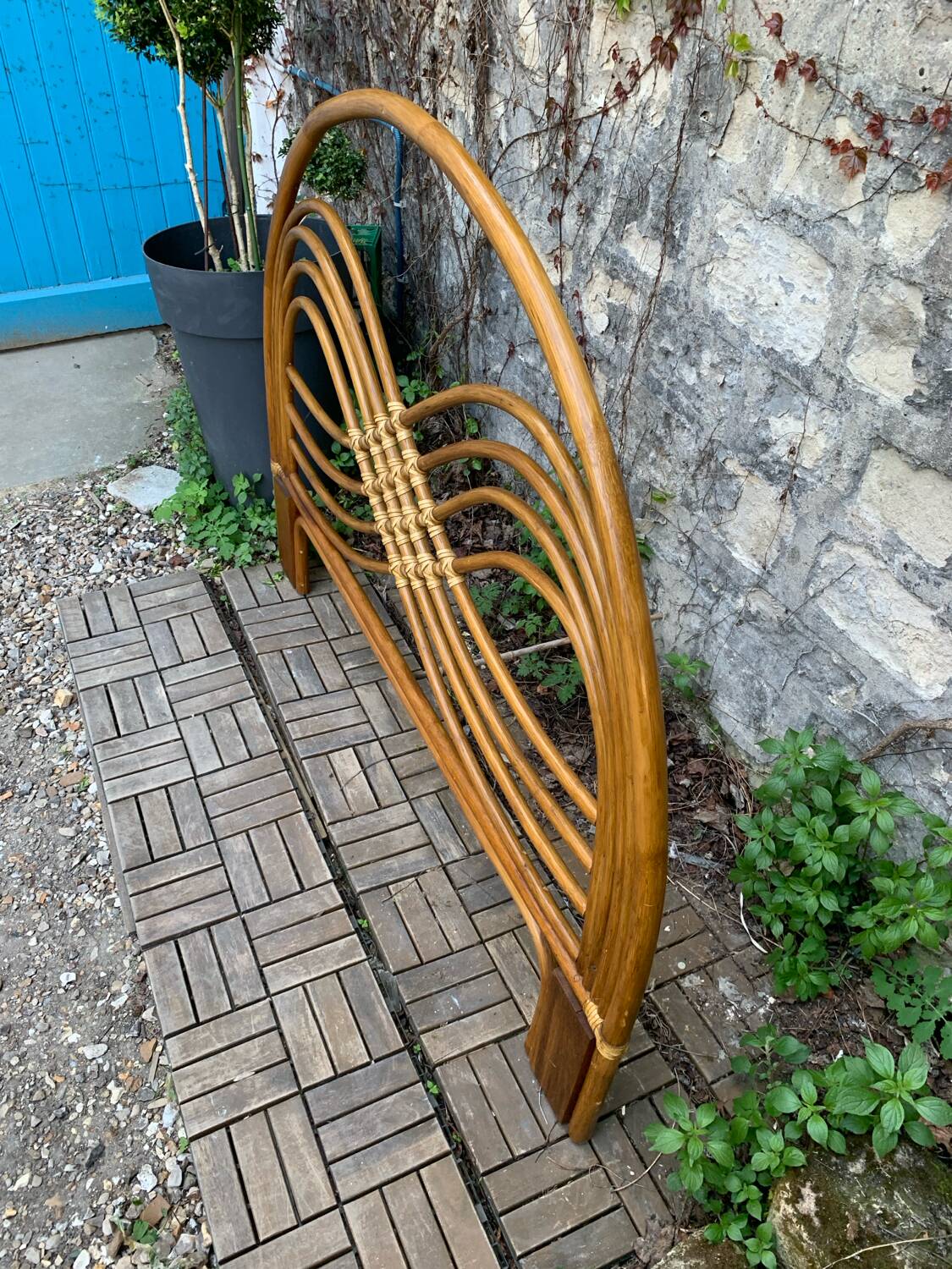 Rattan and leather headboard 140cm vintage 1970