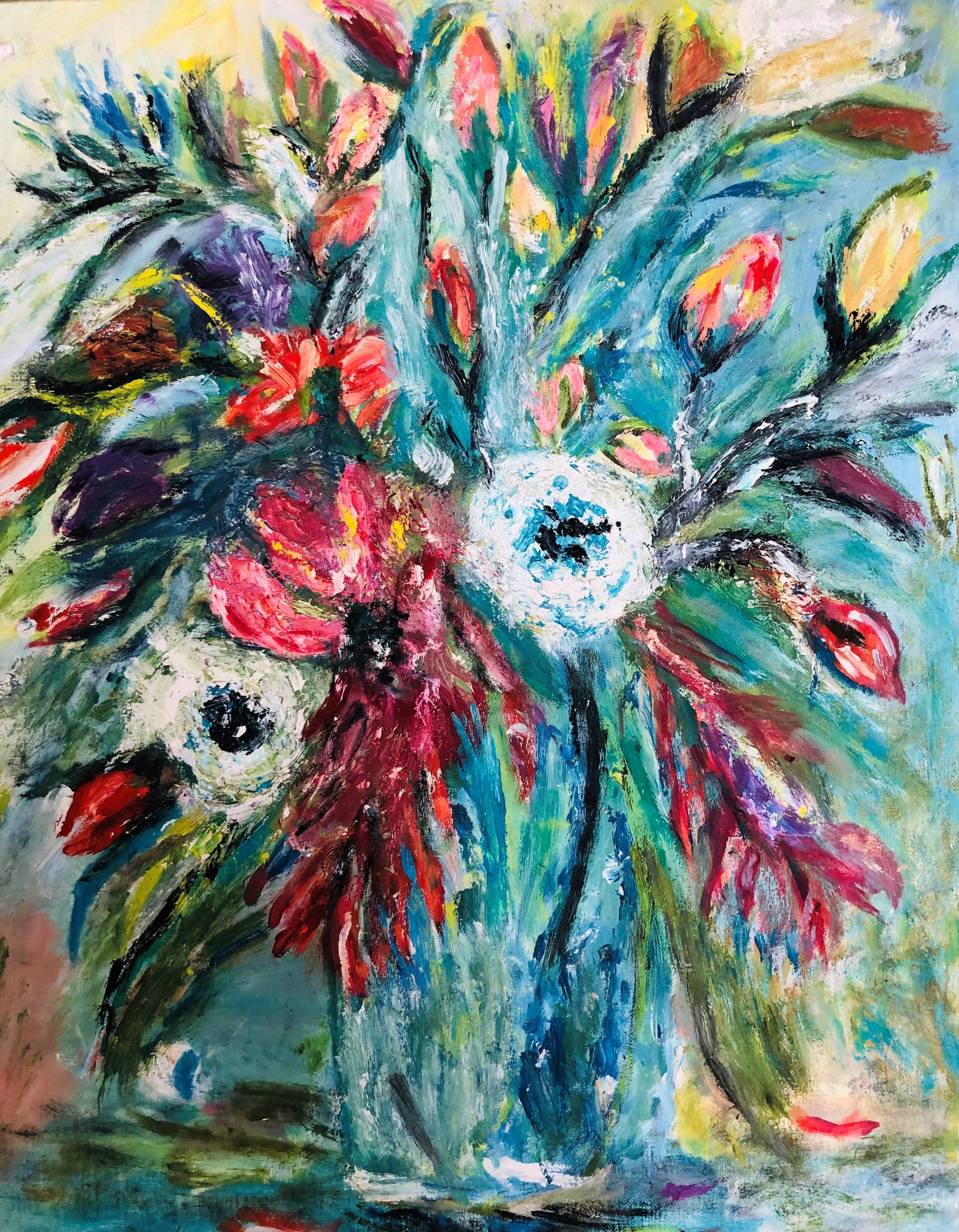 Painting: oil on still life panel with a tawny bouquet