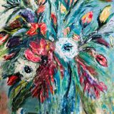 Painting: oil on still life panel with a tawny bouquet