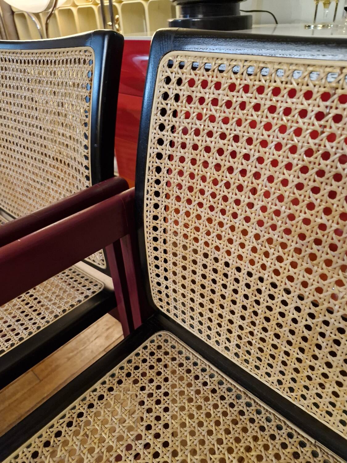 Pascal Mourgue rare set of 3 caned sleigh armchairs in lacquered wood for vintage 80s triconfort