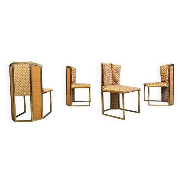 Ensemble de 4 chaises de salle à manger en laiton et osier de Romeo Rega pour Mario Sabot, années 1970.
