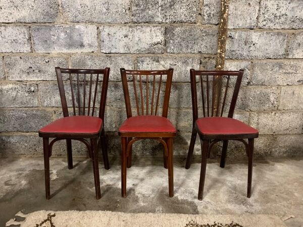 6 Chaises baumann bistrot troquet parisien bois de hêtre et skaÏ rouge - ancien et vintage