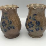 Pair of vintage pottery vases with floral decoration and glaçureau sel