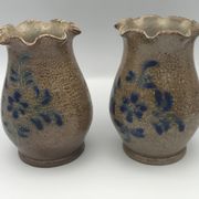Pair of vintage pottery vases with floral decoration and glaçureau sel