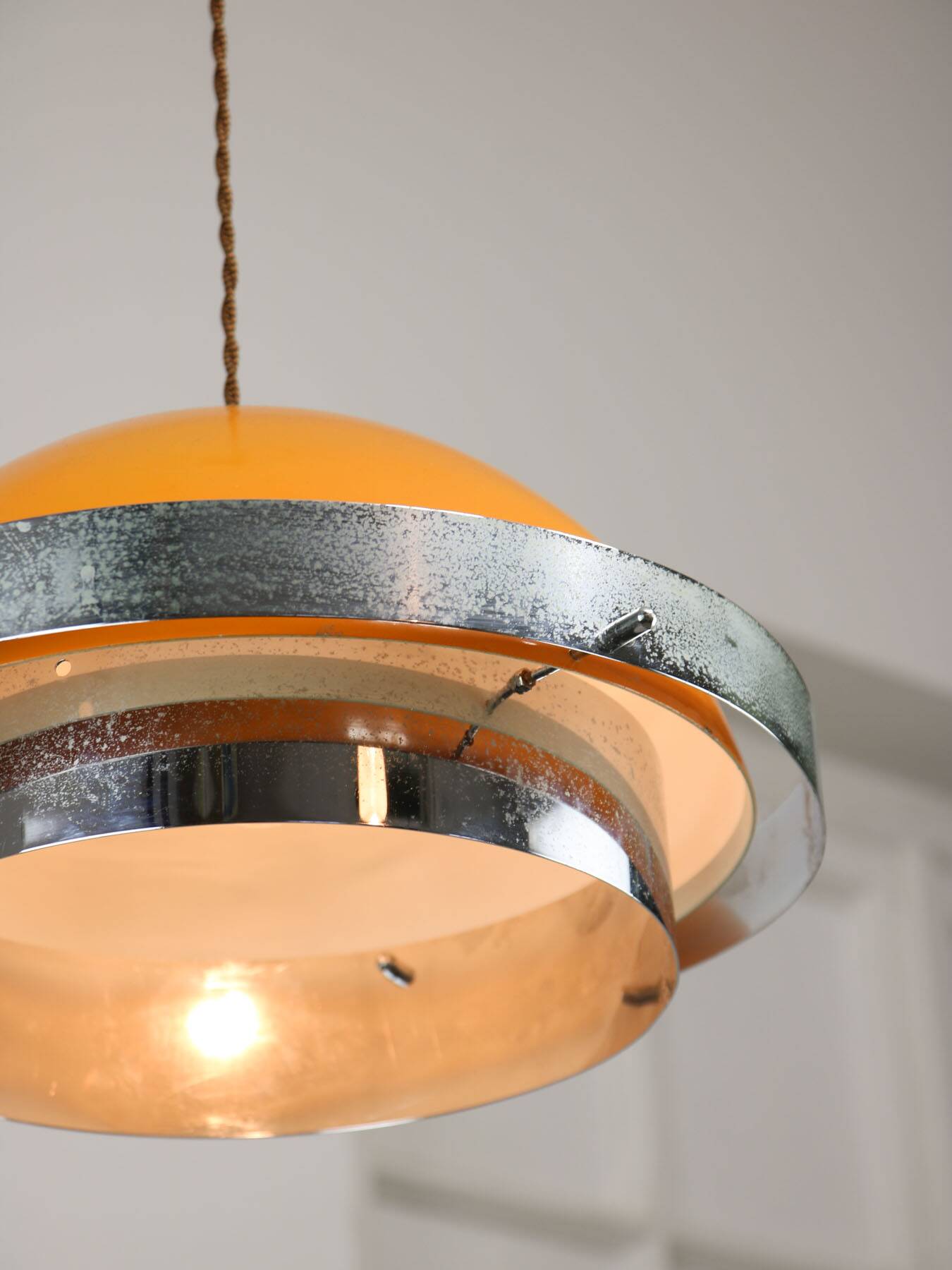 Space Age Italian Orange and Chrome Metal Pendant Lamp, 1970s