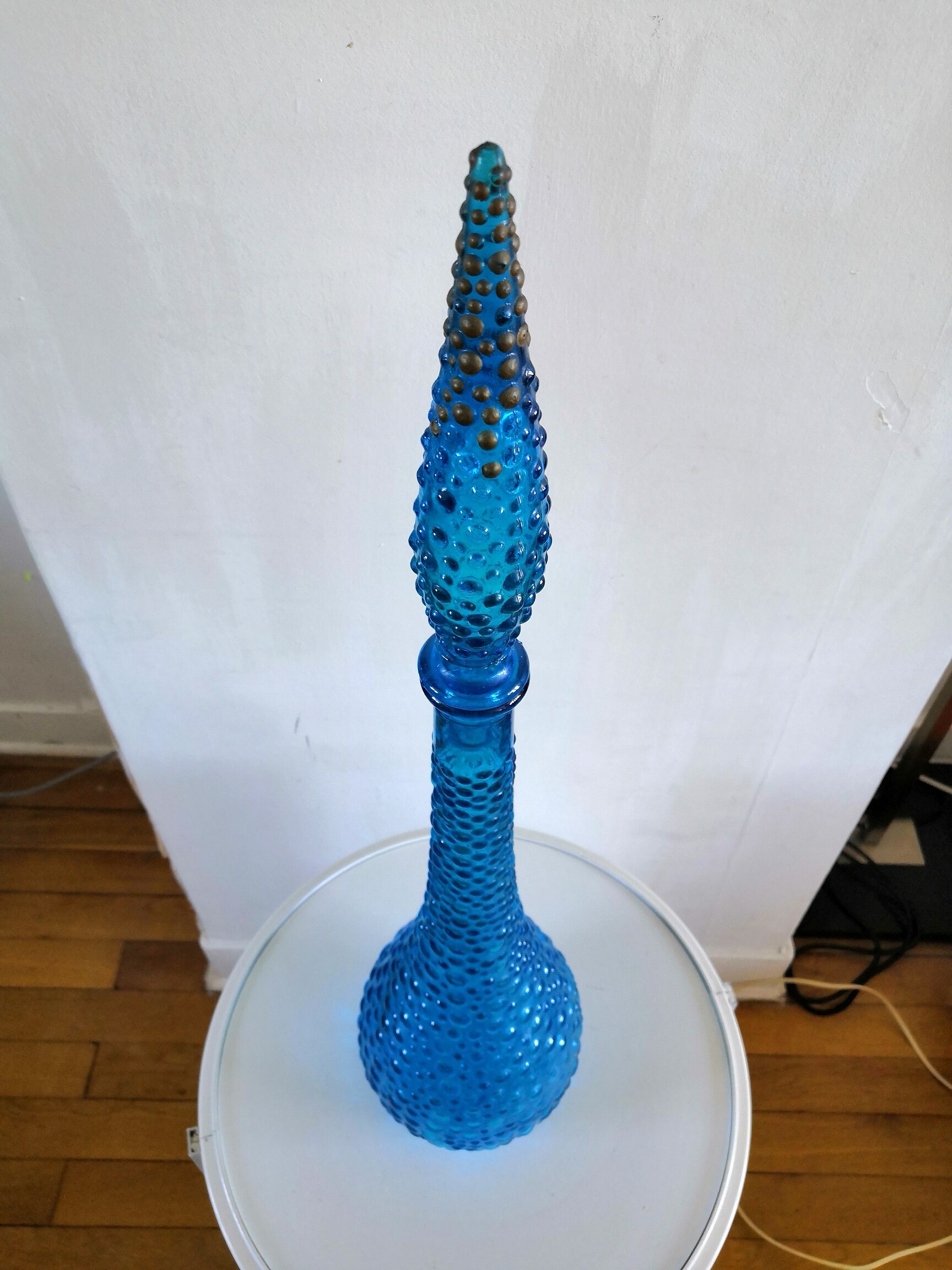 Carafe italienne en verre d'Empoli couleur bleue design années 60 - 70