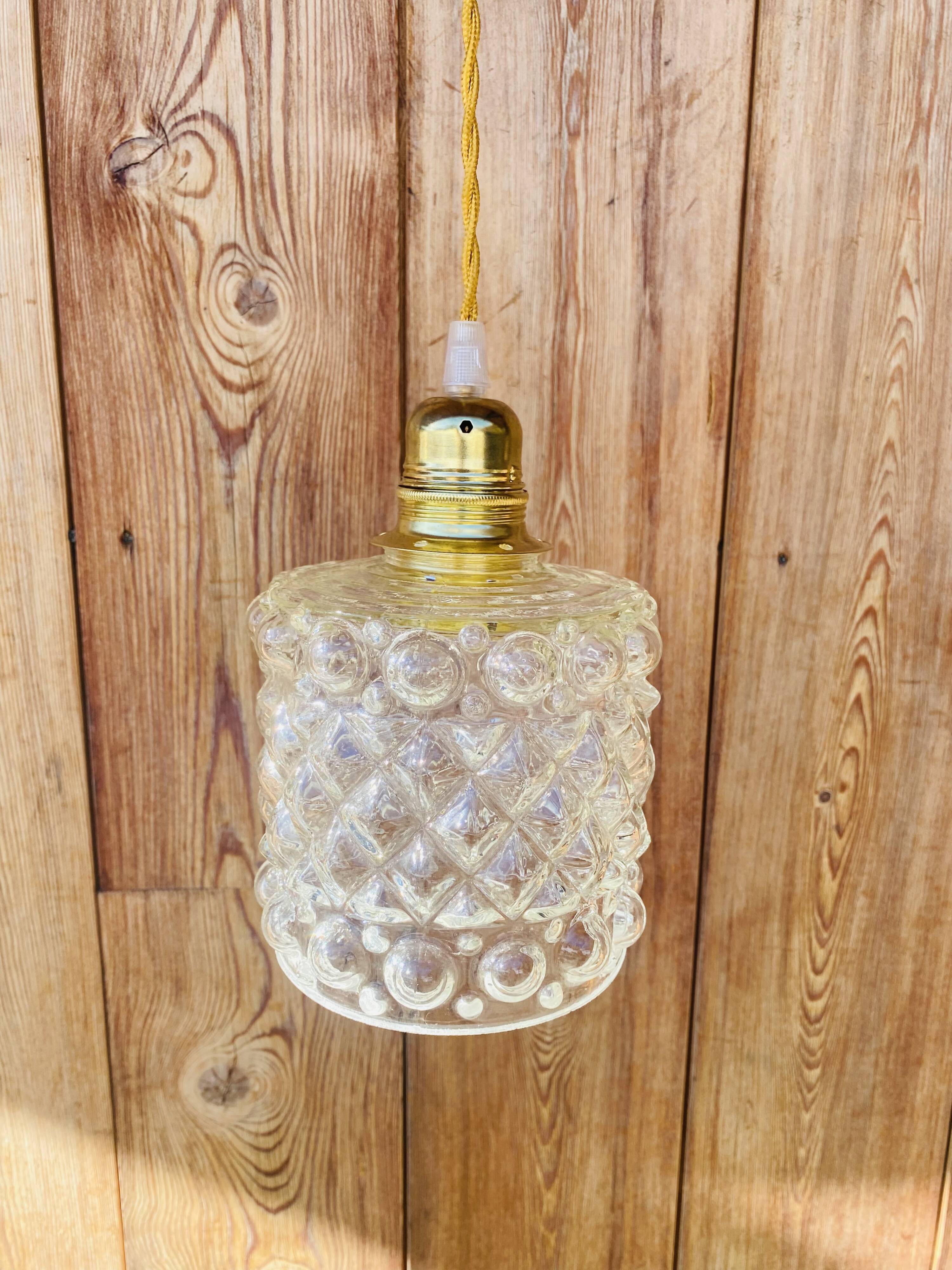 Globe hanging lamp in vintage bubbled molded glass