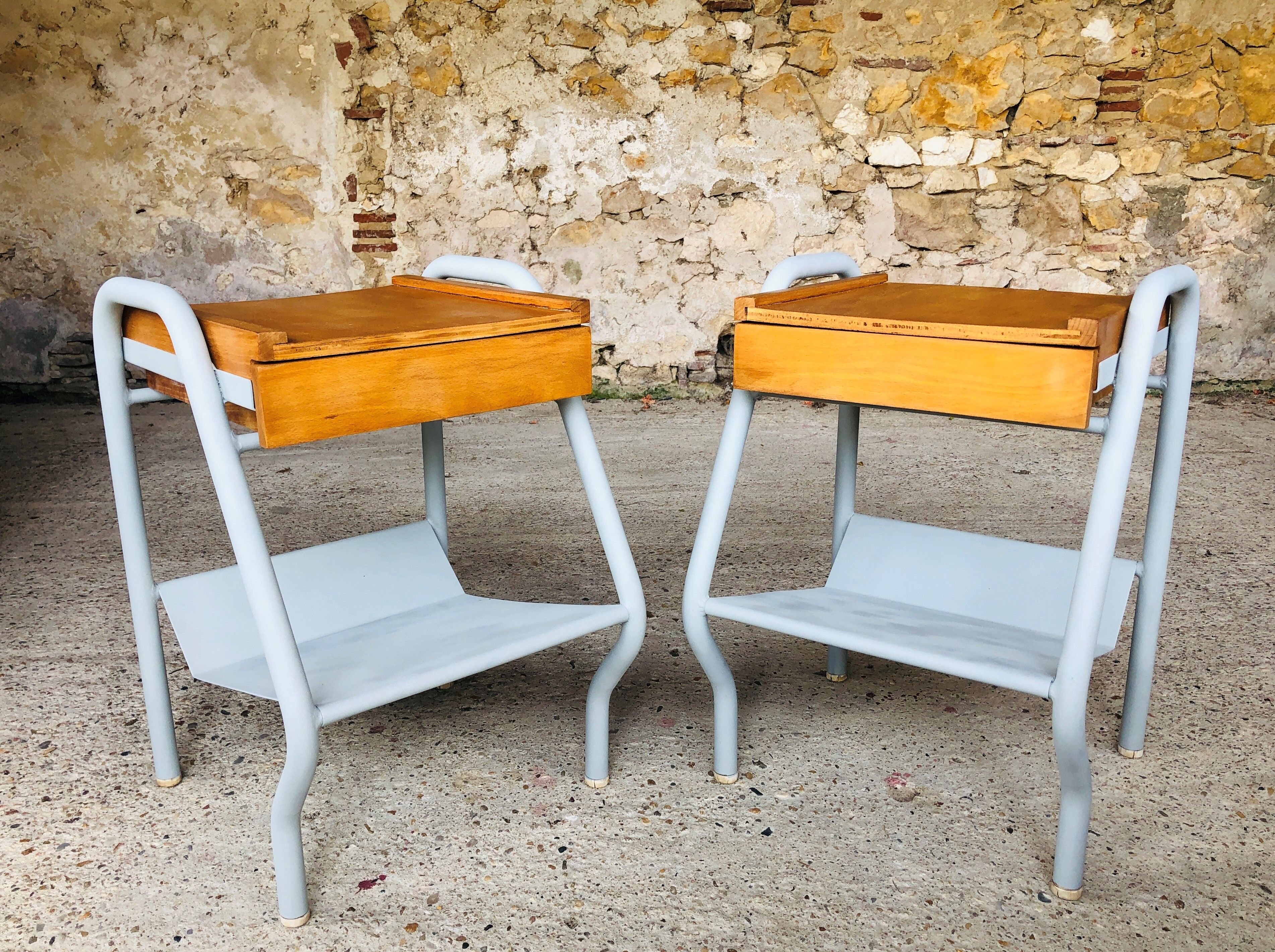 Pair of wooden and metal bedsides 50/60