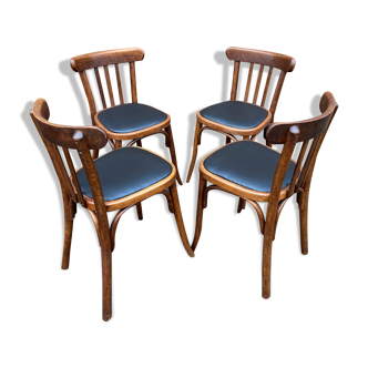 Set of 4 restaurant chairs curved wood imitation vintage leather 1960