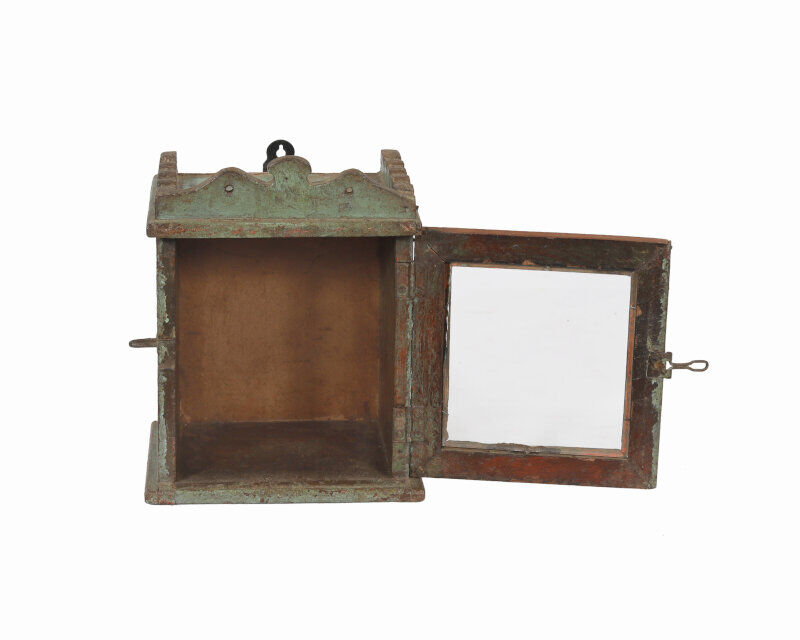 Little old wall showcase box has clock patina of origin india