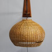 Adjustable mid-century wooden wall lamp with rattan shade, 1970s
