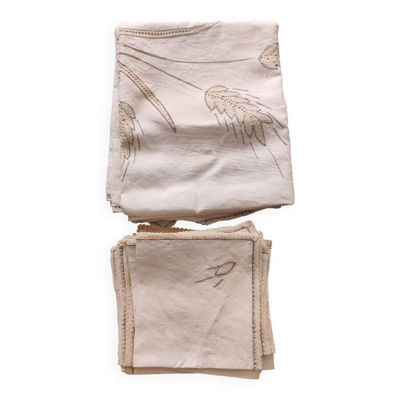 Nappe vintage brodée et ses 12 serviettes