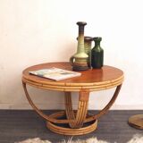 Vintage rattan coffee table with teak top