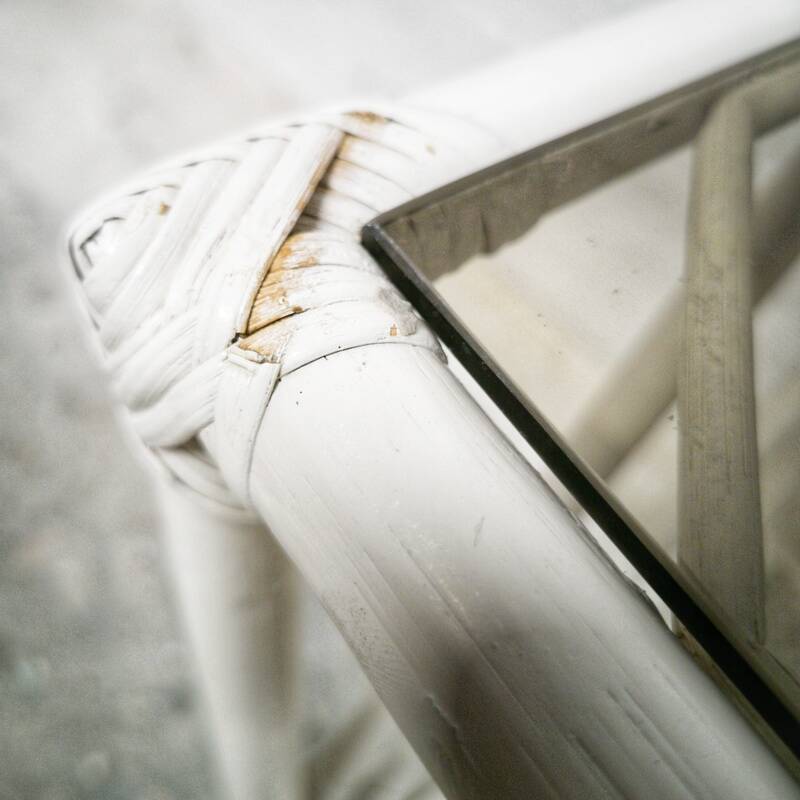 Side table in white rattan and smoked glass
