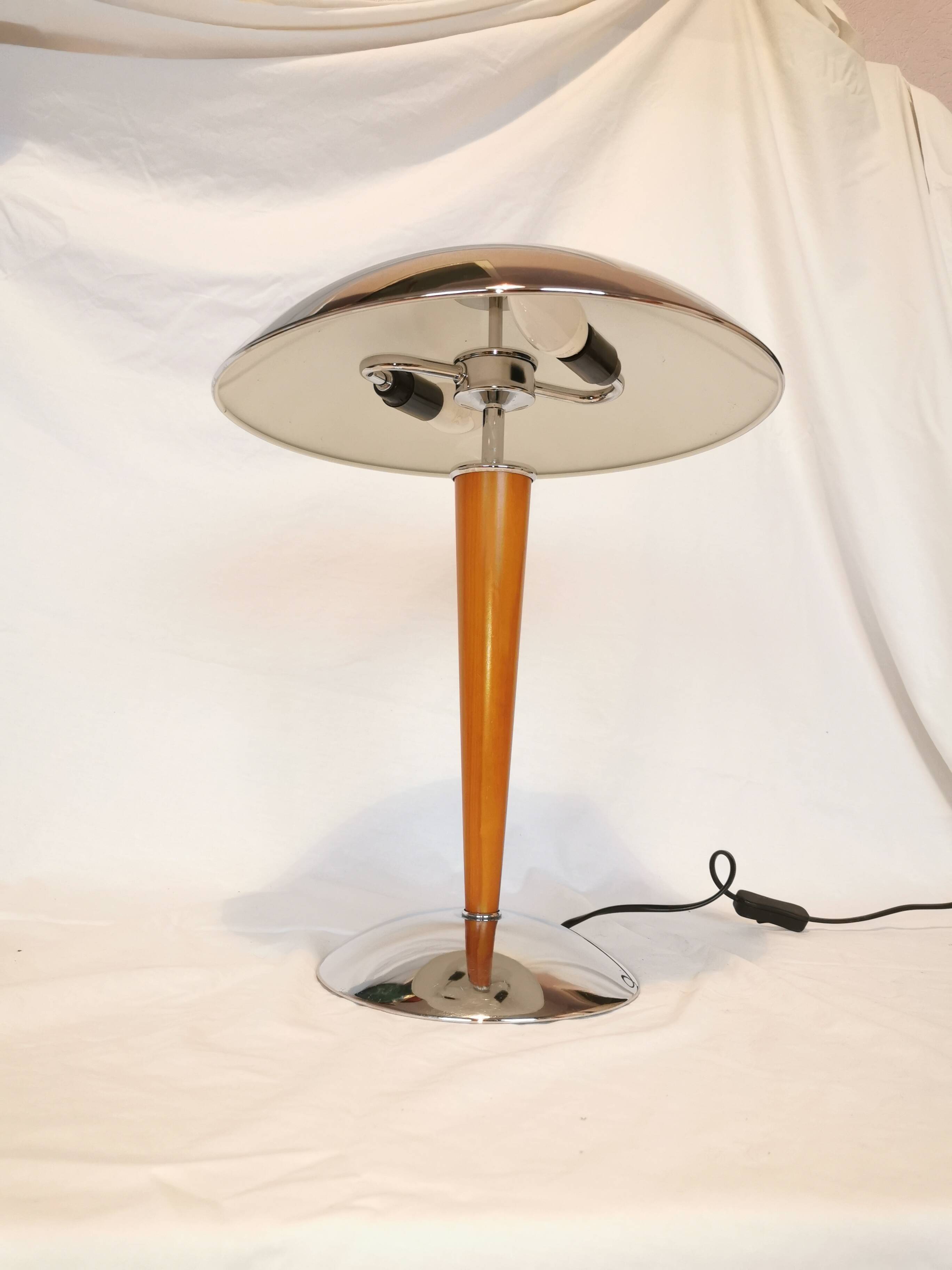 Large double bulb liner lamp, chrome and wood, 1980