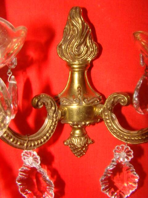 pair of bronze and crystal wall lights with 2 arms