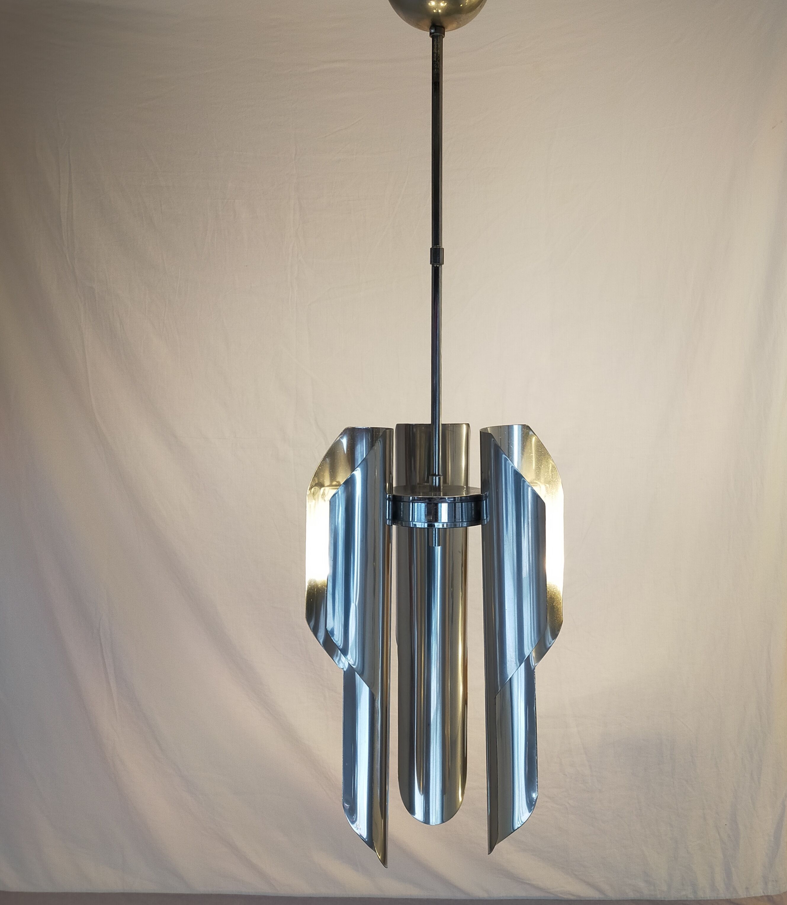 Chrome metal pendant lamp from the 1970s