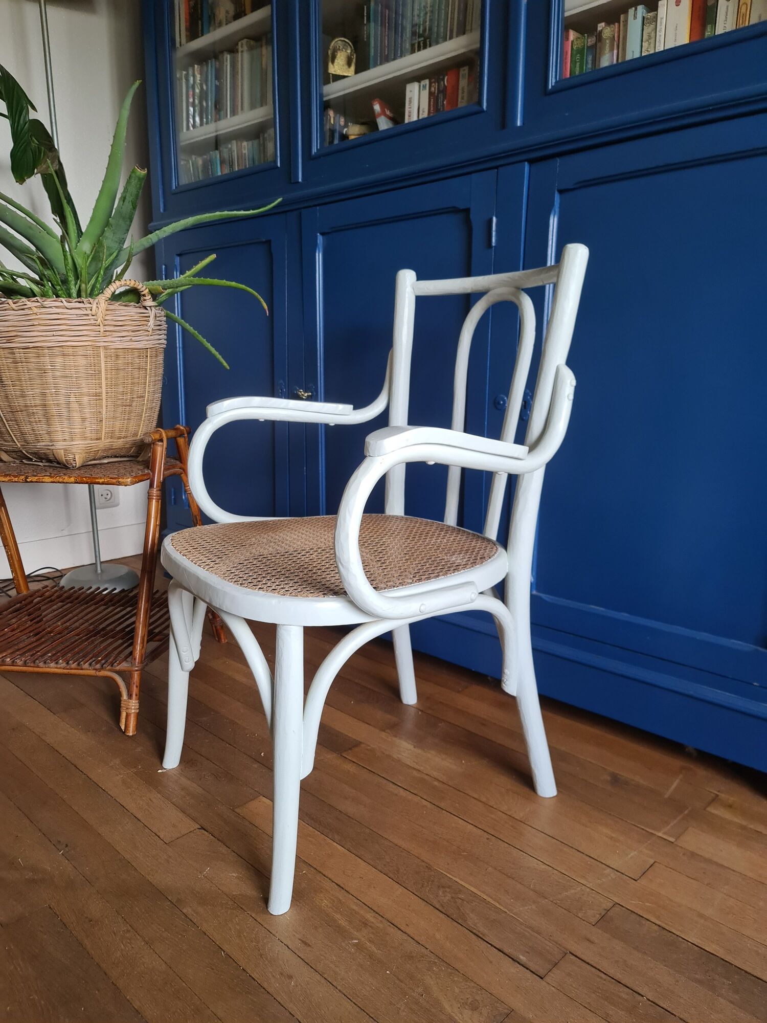 Chair / armchair cannage and wood painted shaby vintage