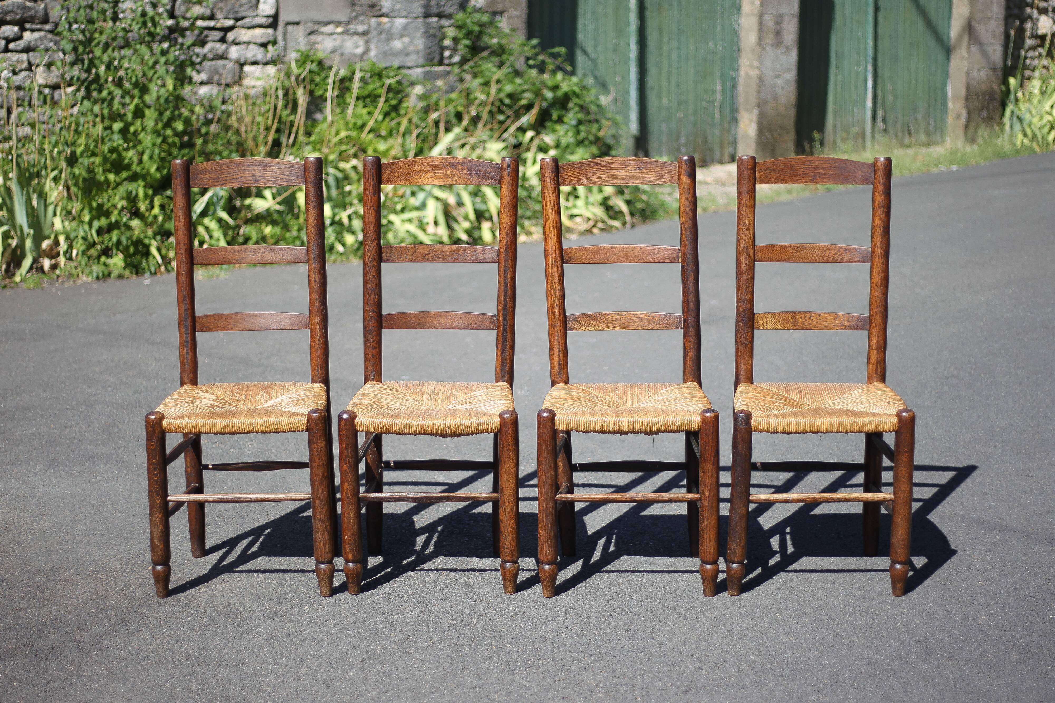 Set of 4 wooden and straw chairs, wooden chair, straw chair, countryside, chalet