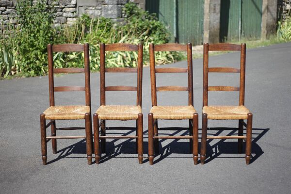 Lot de 4 chaises bois et paille, chaise bois, chaise paillée, campagne, chalet