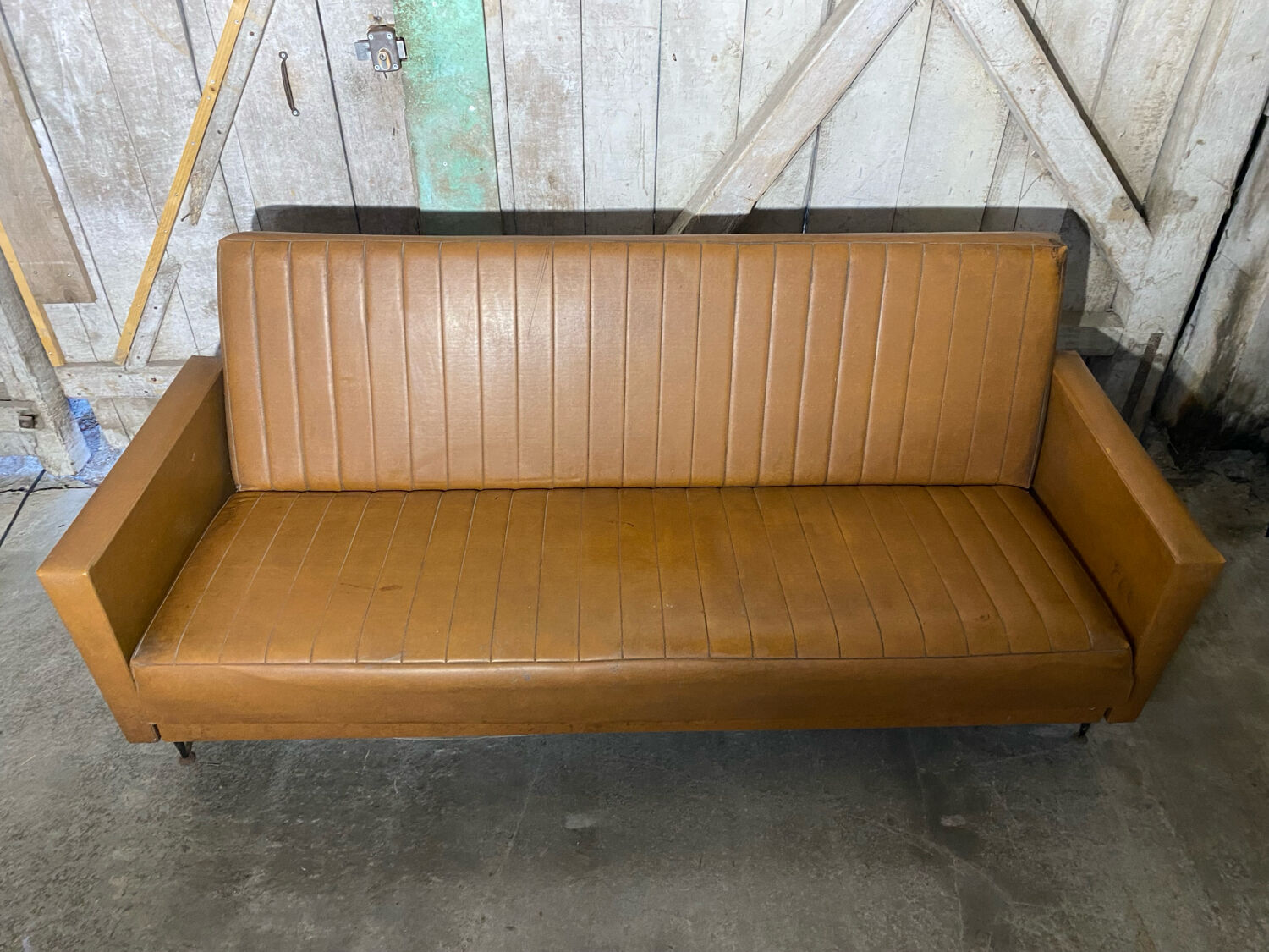 Vintage 60s 70s Brown Faux Leather Sofa Bed with Armrests #D4