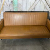 Vintage 60s 70s Brown Faux Leather Sofa Bed with Armrests #D4