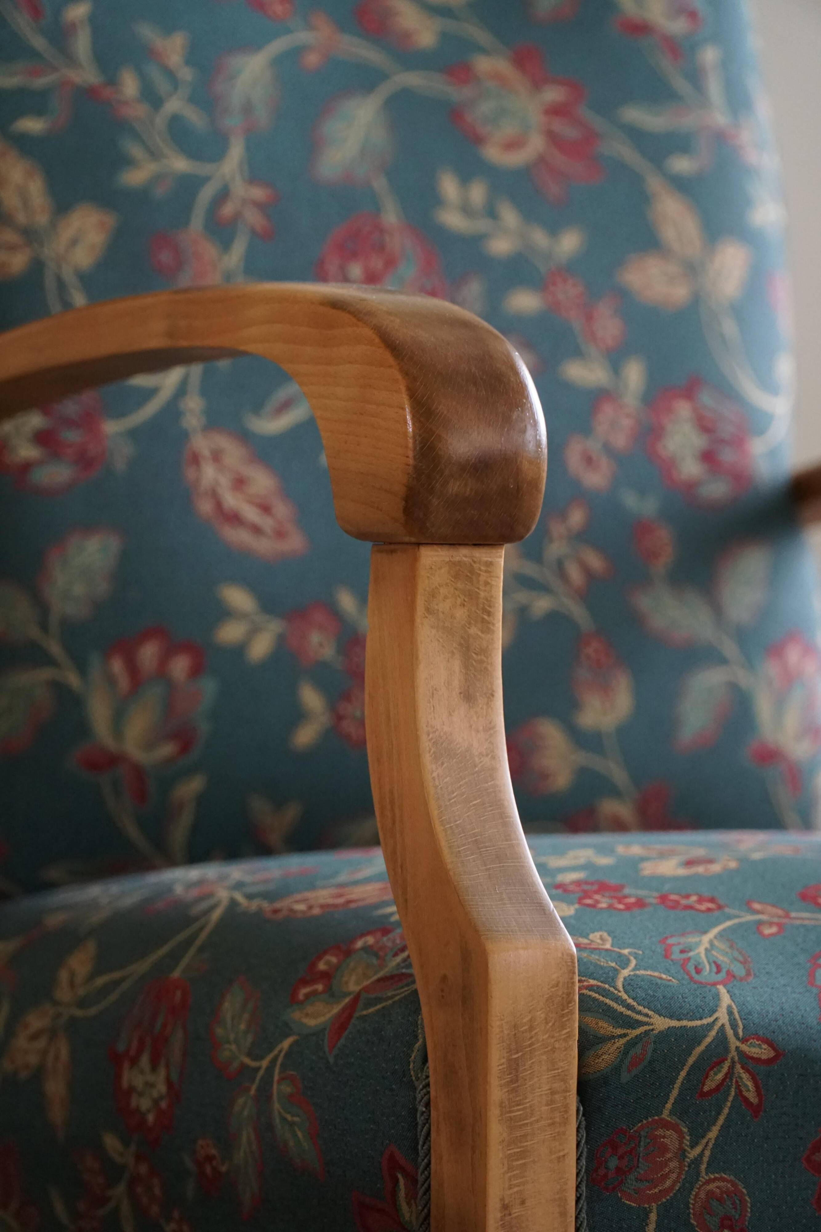 Danish mid-century modern, pair of beech armchairs with original fabric, 1960s.