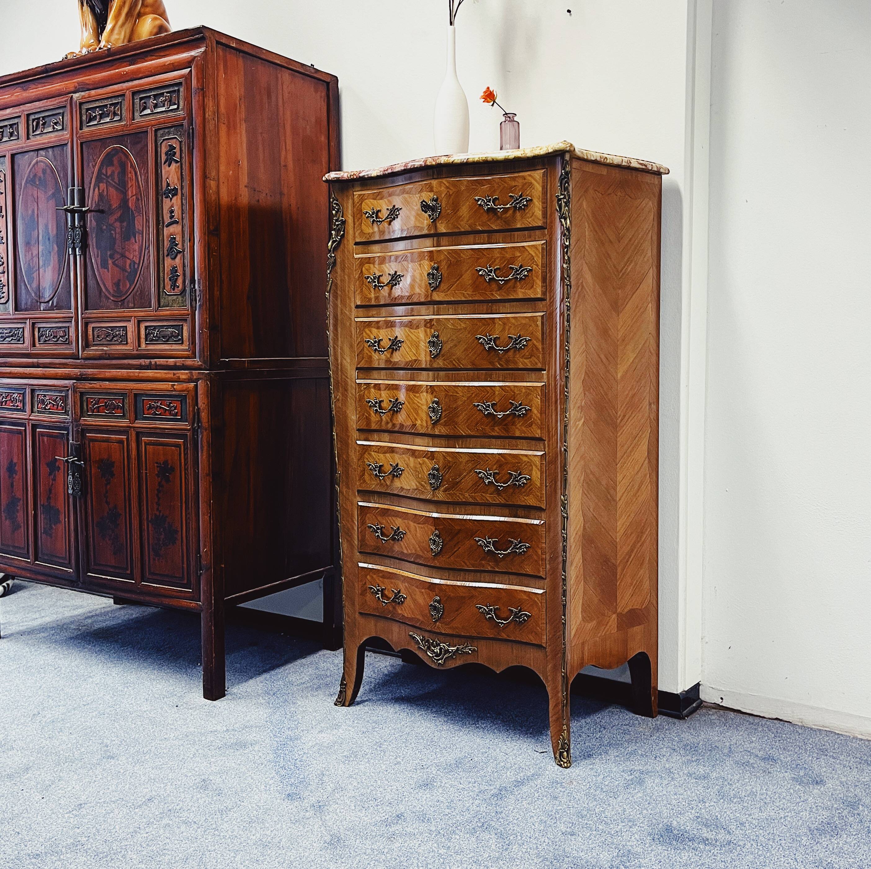 Elegant Louis XV Walnut Chest of Drawers with Marble Top
