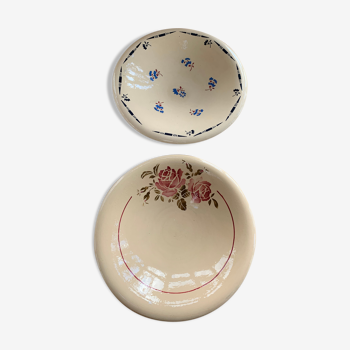 Deux plats creux en céramique émaillée anciens modèle flore KG France luneville