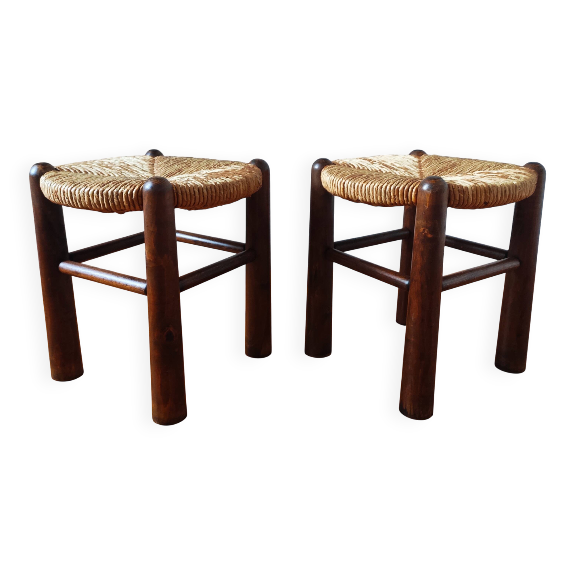 Brutalist wooden and straw stools - France 1950