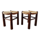Brutalist wooden and straw stools - France 1950