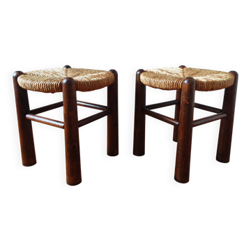 Brutalist wooden and straw stools - France 1950