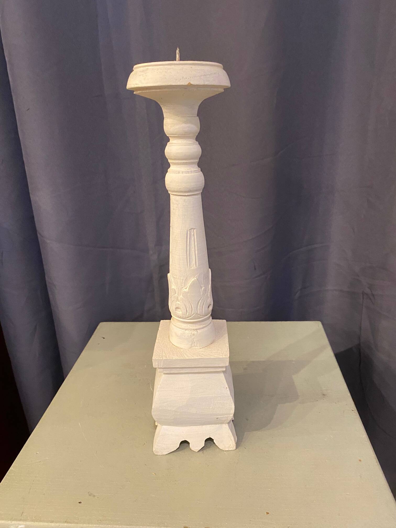 Large table candle holder candlestick in white patina wood for round candle