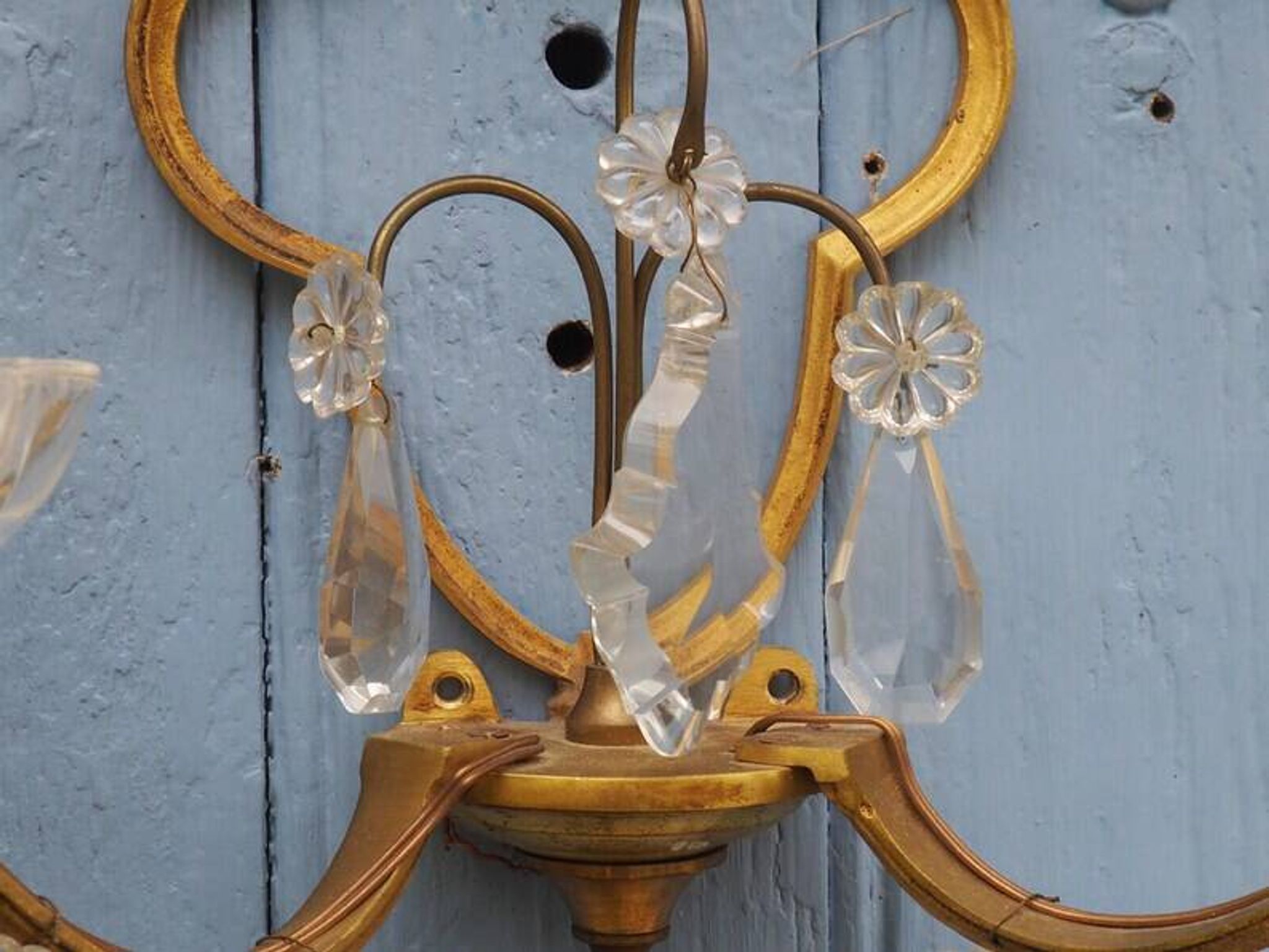 Gilt Bronze French Antique wall Sconces: Crystal Drops, Twin Arms, C1940s