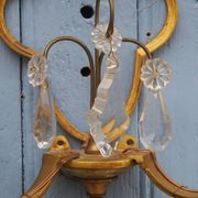 Gilt Bronze French Antique wall Sconces: Crystal Drops, Twin Arms, C1940s