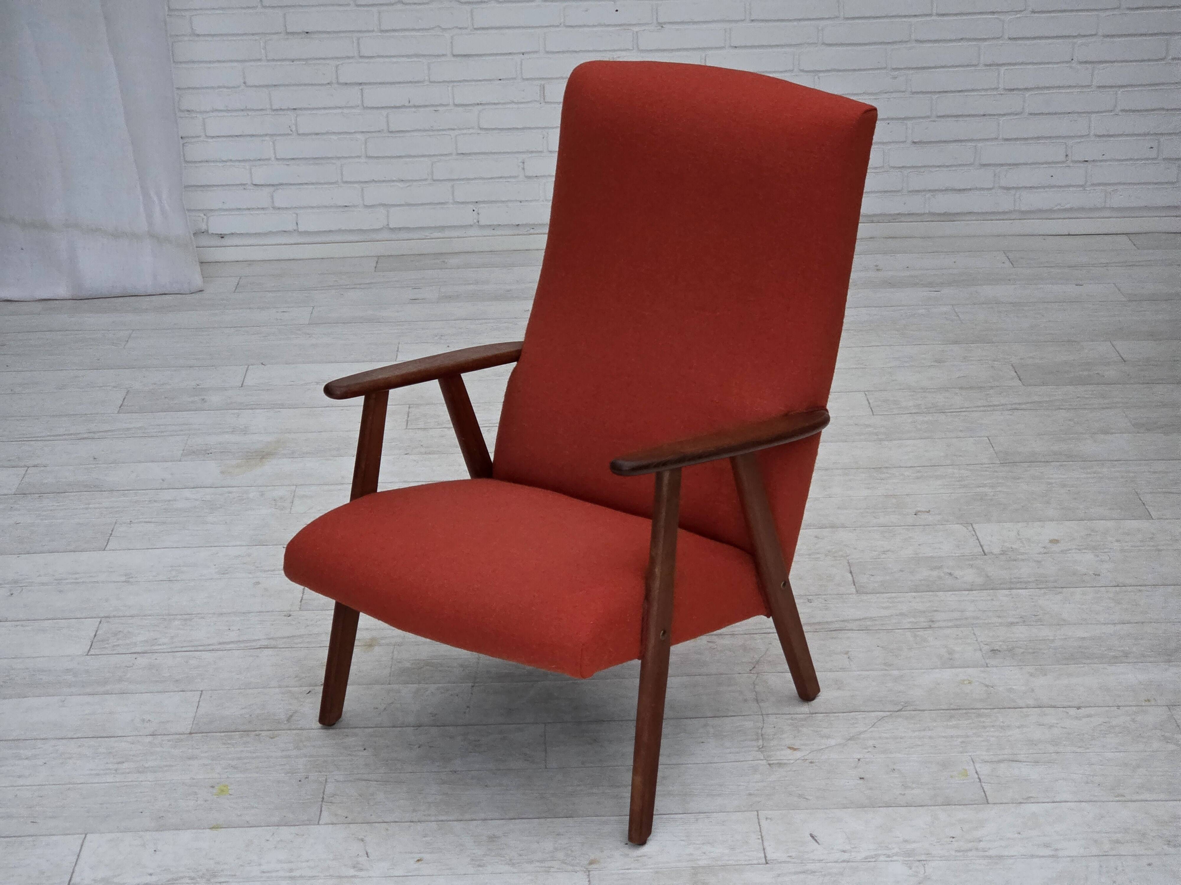 1970s, Danish highback armchair, furniture wool, teak wood, oak wood.