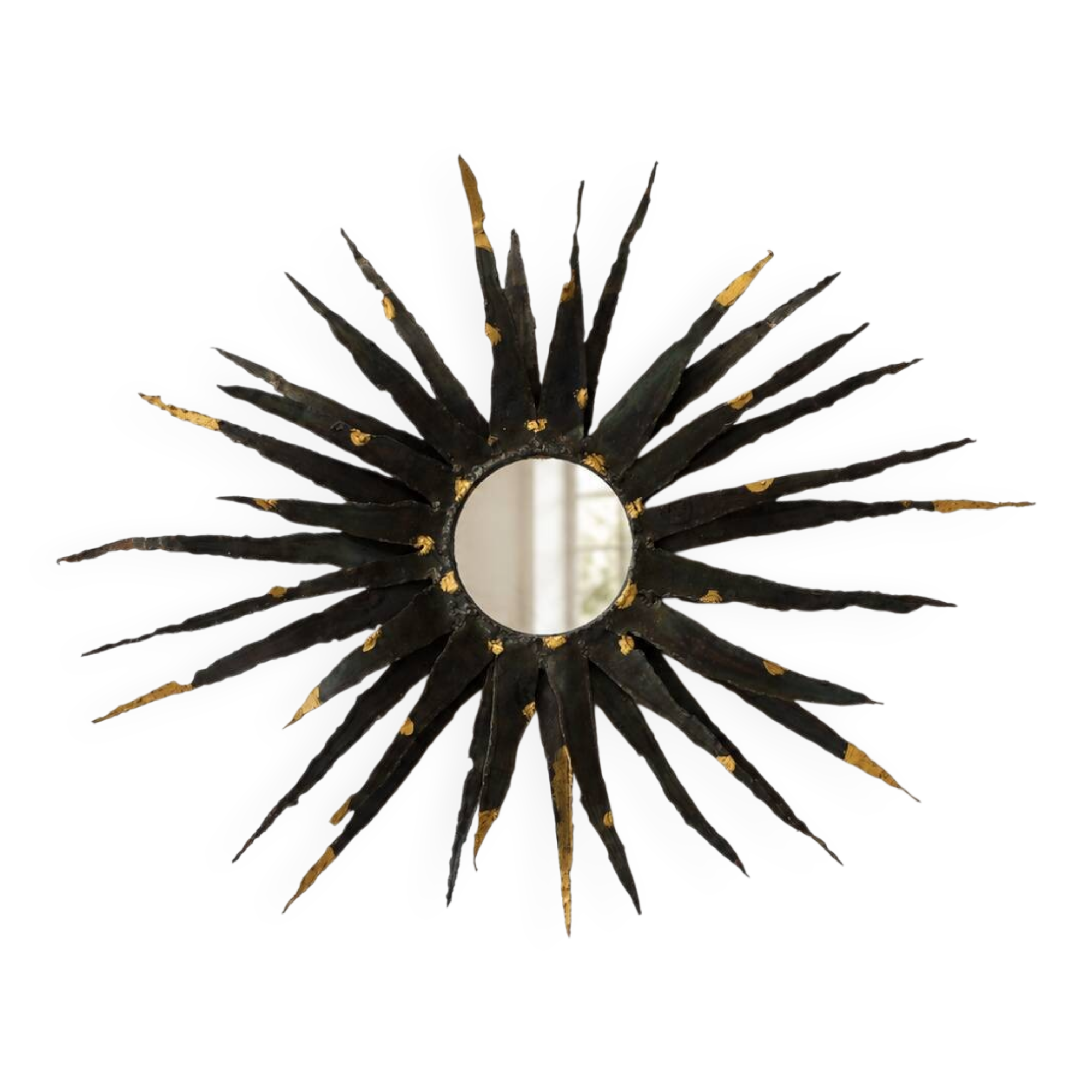 Large brutalist sun mirror in patinated metal with gold accents, 1970.