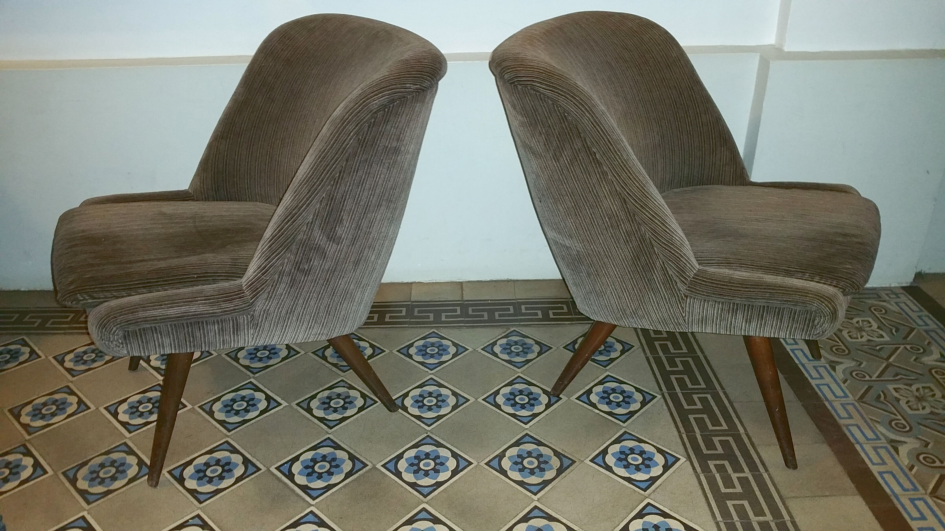 Restored low chair in velvet fabric 50s 60s