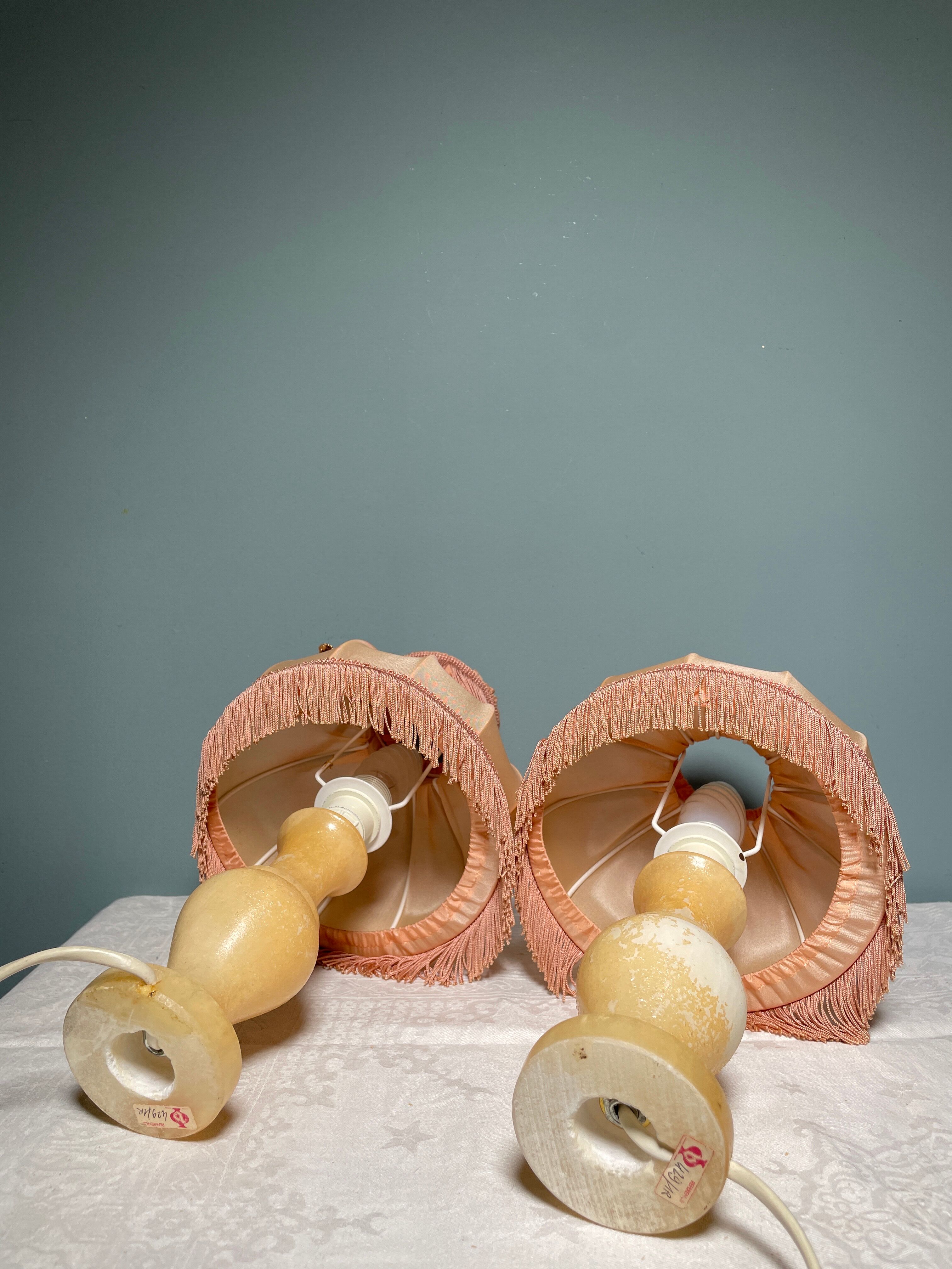 Pair of vintage bedside lamps with pink fringes