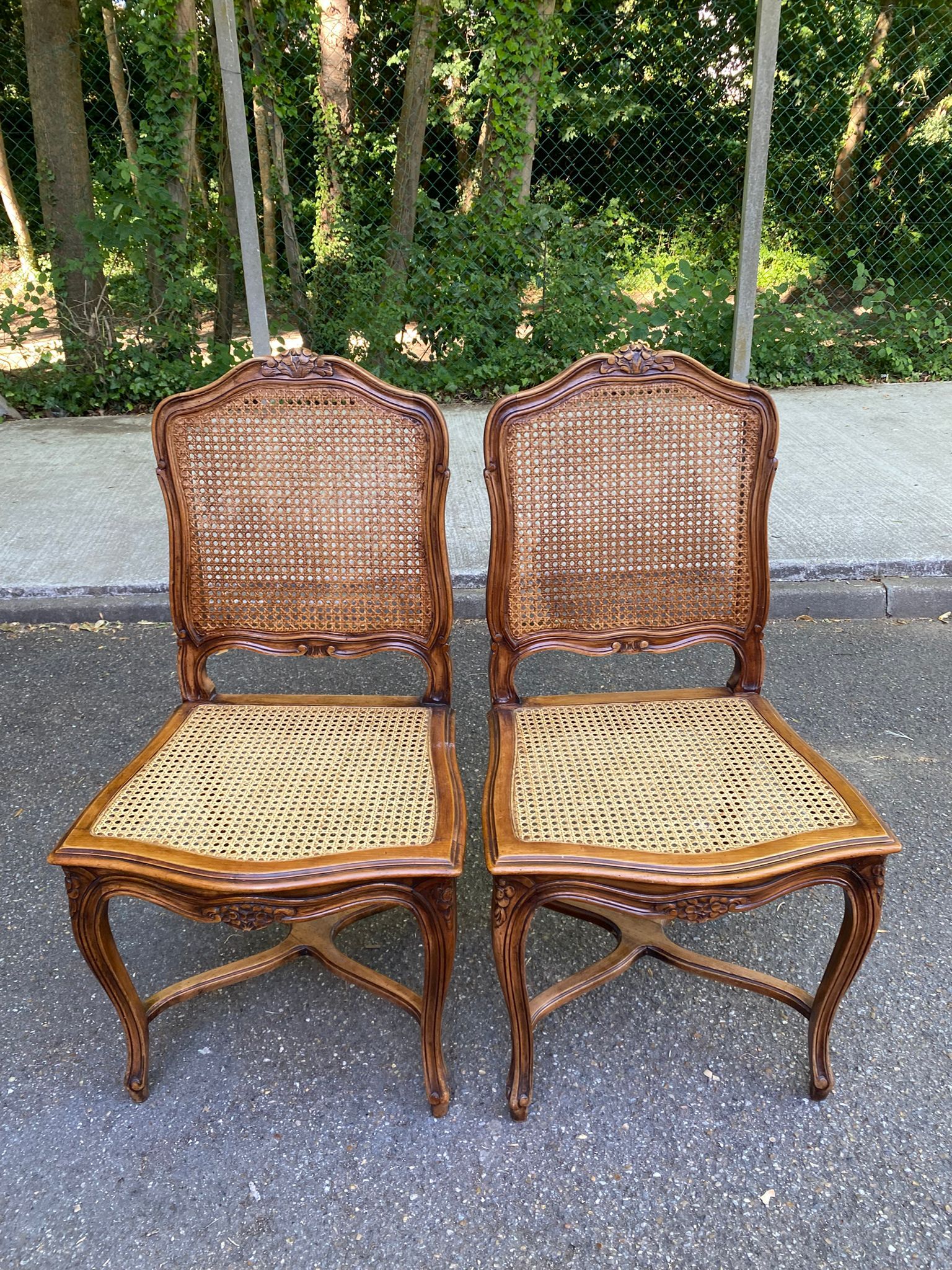 2 Louis XV style chairs in solid oak with rush seating from La Meublerie Meulin.